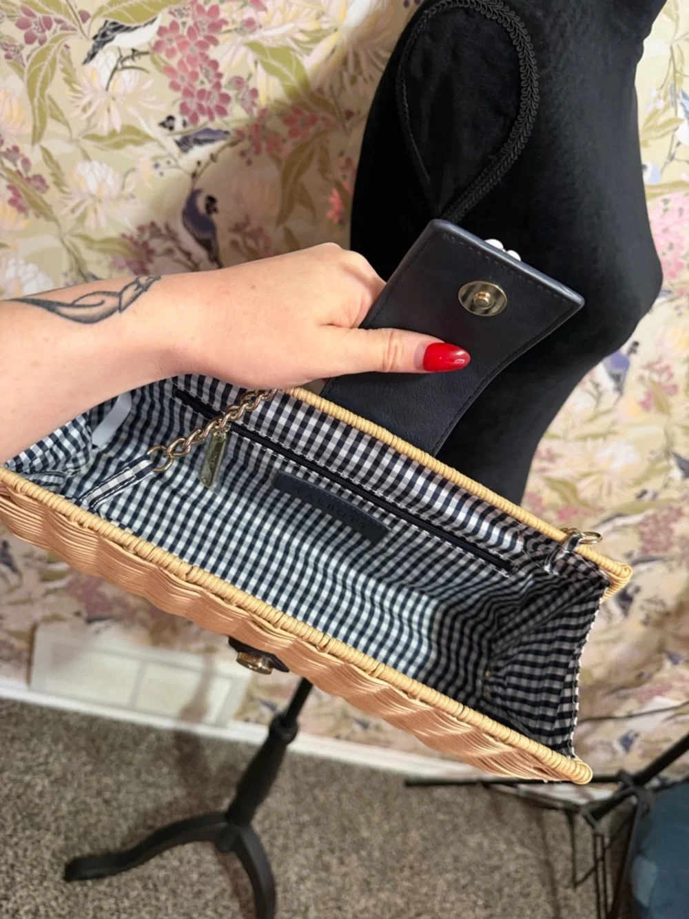 Talbots Natural Woven Clutch with Navy Tab and Multicolor Fan Accent